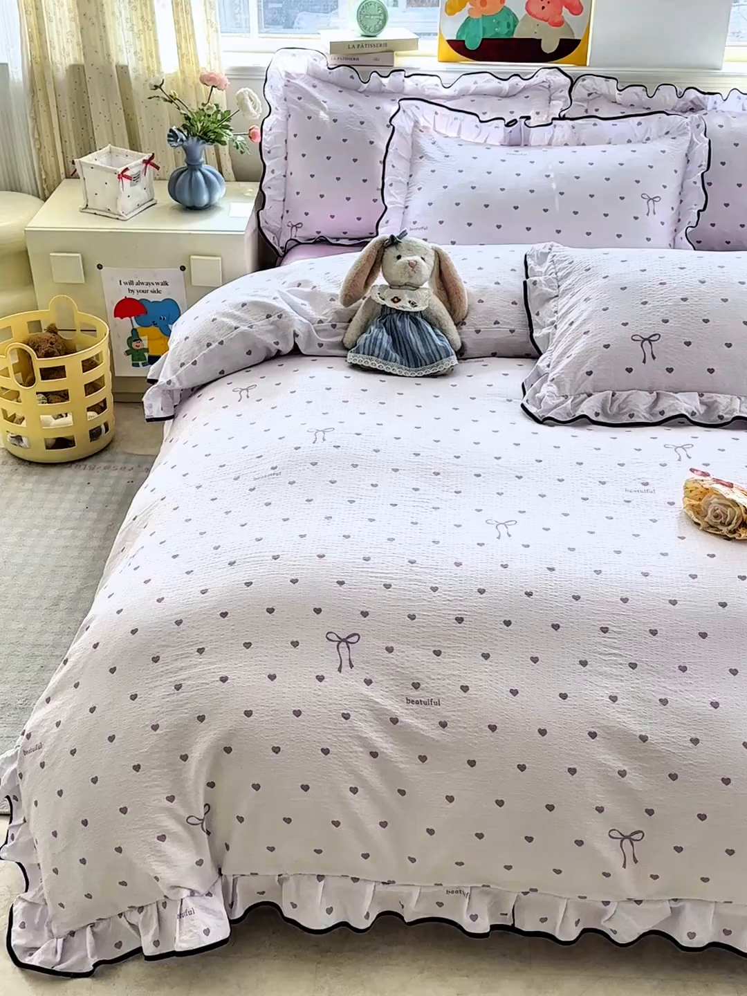 91家纺网 家纺一手货源 找家纺 壹和 2026新款A类云感花边款双层纱床盖款和床单款四件套单床盖单被套 芋泥紫爱心