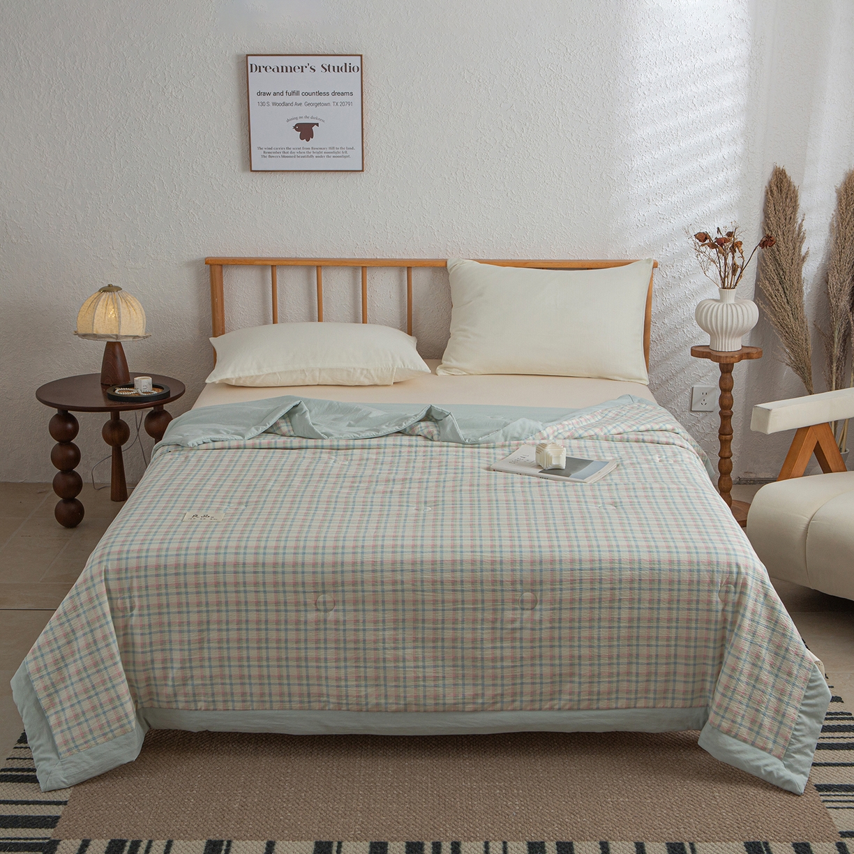 91家纺网 家纺一手货源 找家纺 宜梦家居 2026新款水洗双层纱夏被 剑蓝条