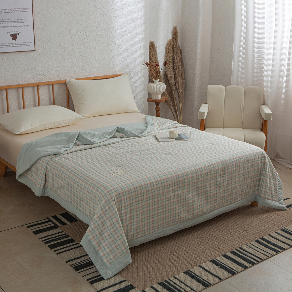 91家纺网 家纺一手货源 找家纺 宜梦家居 2026新款水洗双层纱夏被 剑蓝条