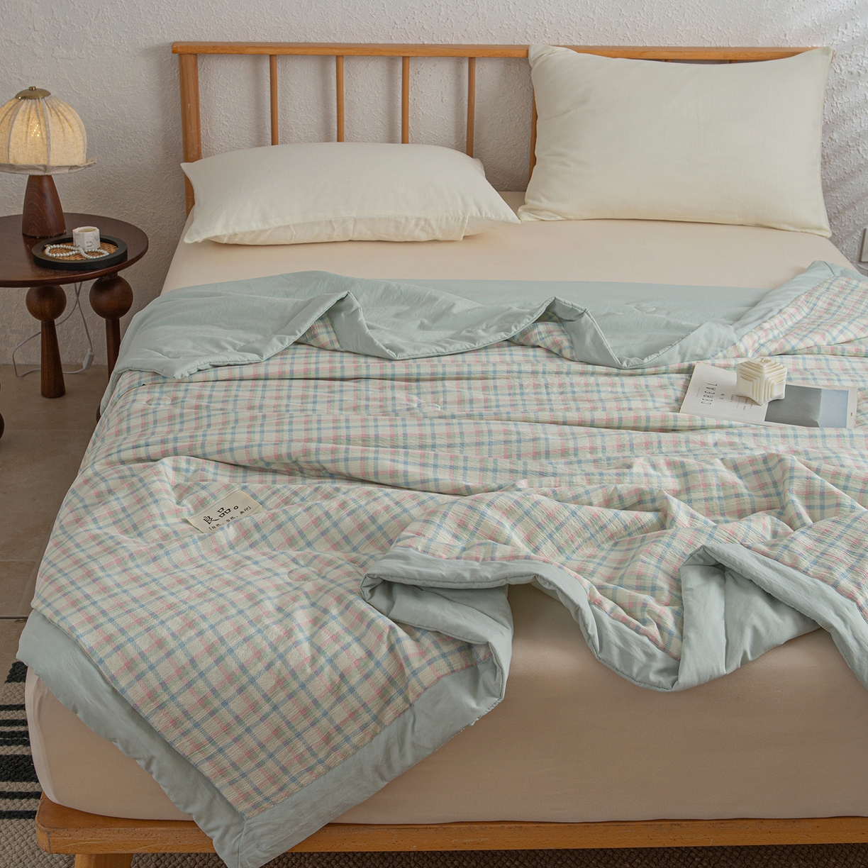 91家纺网 家纺一手货源 找家纺 宜梦家居 2026新款水洗双层纱夏被 剑蓝条