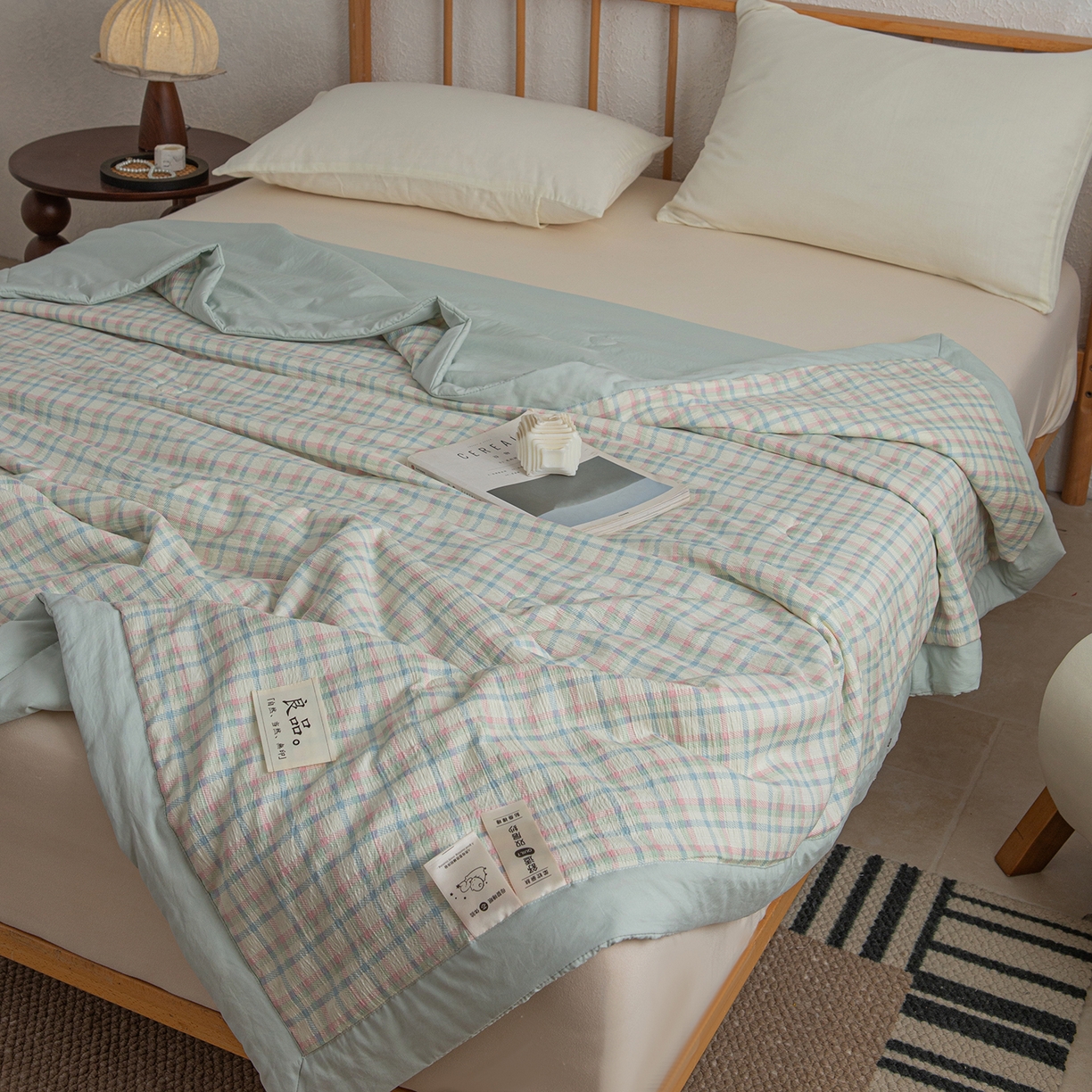 91家纺网 家纺一手货源 找家纺 宜梦家居 2026新款水洗双层纱夏被 剑蓝条