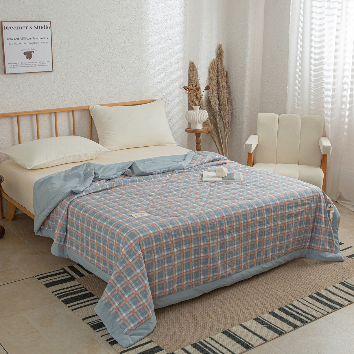 91家纺网 家纺一手货源 找家纺 宜梦家居 2026新款水洗双层纱夏被 蓝小格