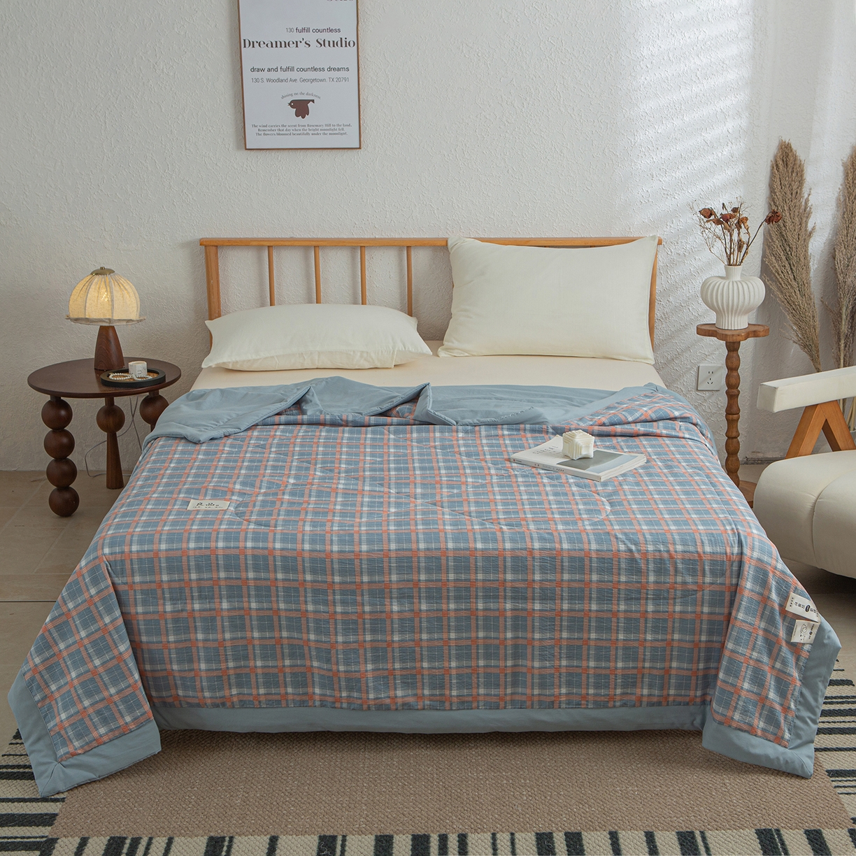 91家纺网 家纺一手货源 找家纺 宜梦家居 2026新款水洗双层纱夏被 蓝小格