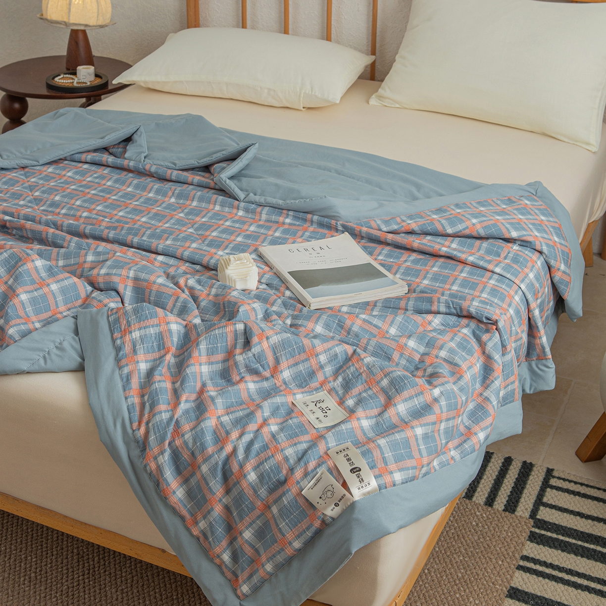 91家纺网 家纺一手货源 找家纺 宜梦家居 2026新款水洗双层纱夏被 蓝小格