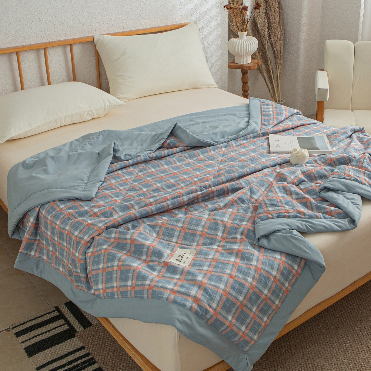 91家纺网 家纺一手货源 找家纺 宜梦家居 2026新款水洗双层纱夏被 蓝小格