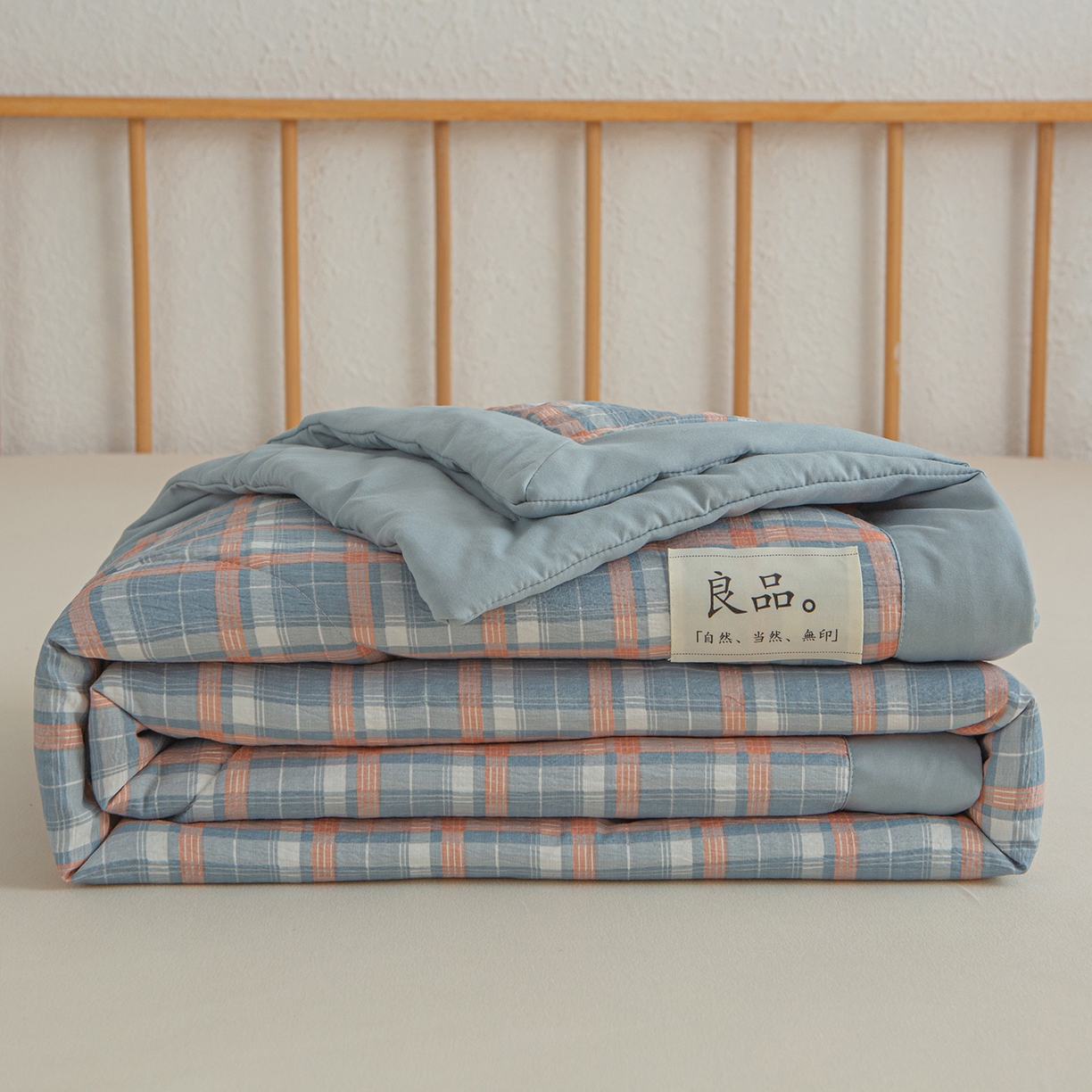 宜梦家居 2026新款水洗双层纱夏被 蓝小格