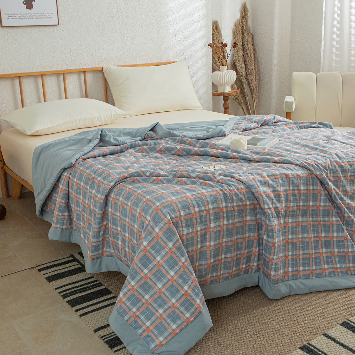 91家纺网 家纺一手货源 找家纺 宜梦家居 2026新款水洗双层纱夏被 蓝小格