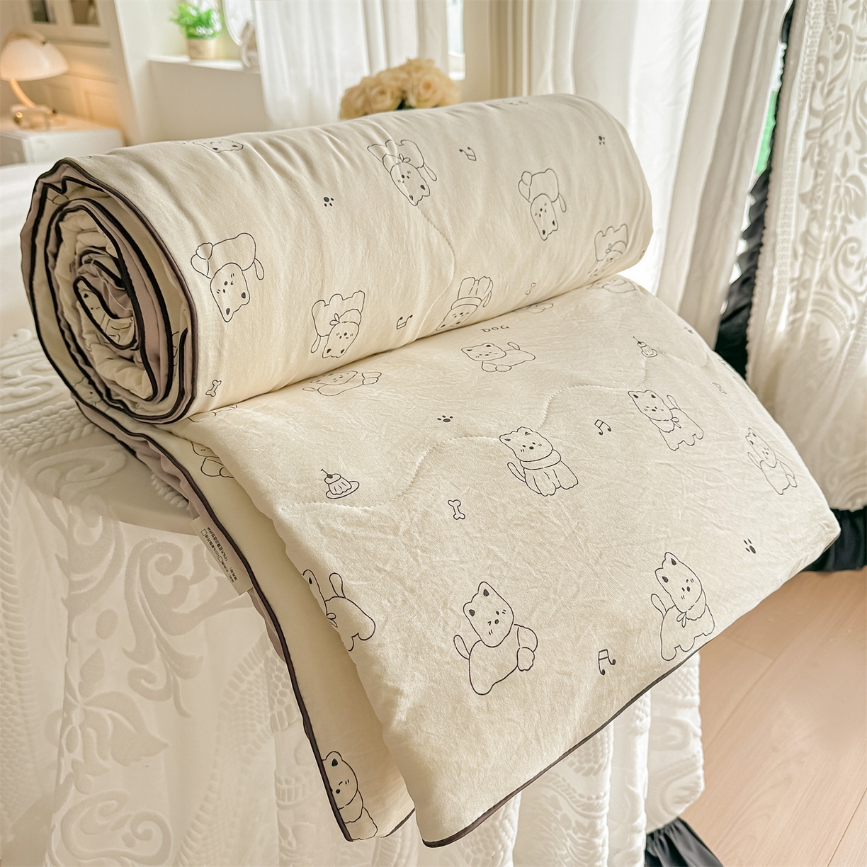 招财星家纺 2026新款A类水洗棉皱绉纱夏被空调被印花夏凉被子被芯（带质检报告买家秀） 素描小狗