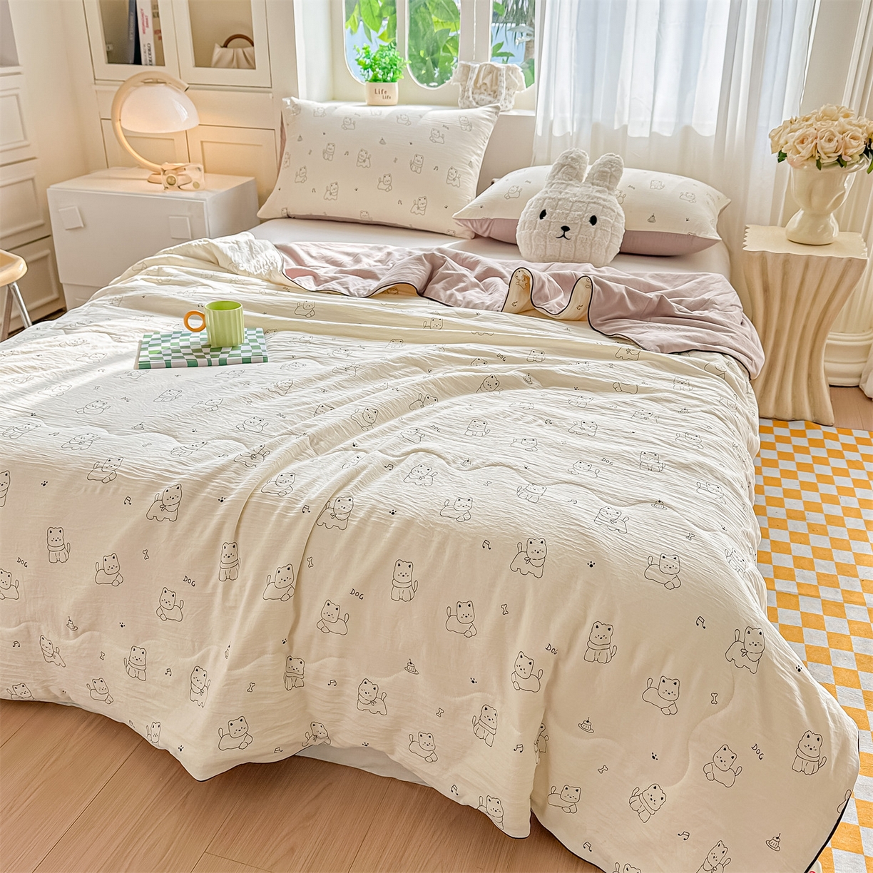 91家纺网 家纺一手货源 找家纺 招财星家纺 2026新款A类水洗棉皱绉纱夏被空调被印花夏凉被子被芯（带质检报告买家秀） 素描小狗