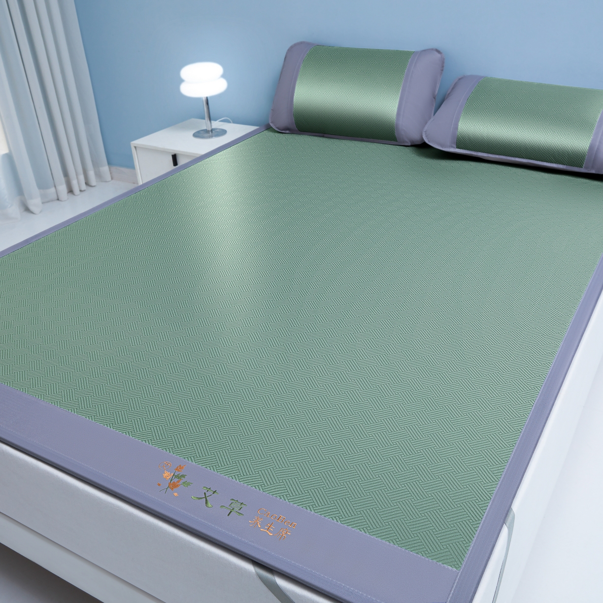 91家纺网 家纺一手货源 找家纺 席都凉席工厂店 2026新款可机洗水洗艾草凉感冰丝高精密碳光软席饼干花三件套饼干花-绿色