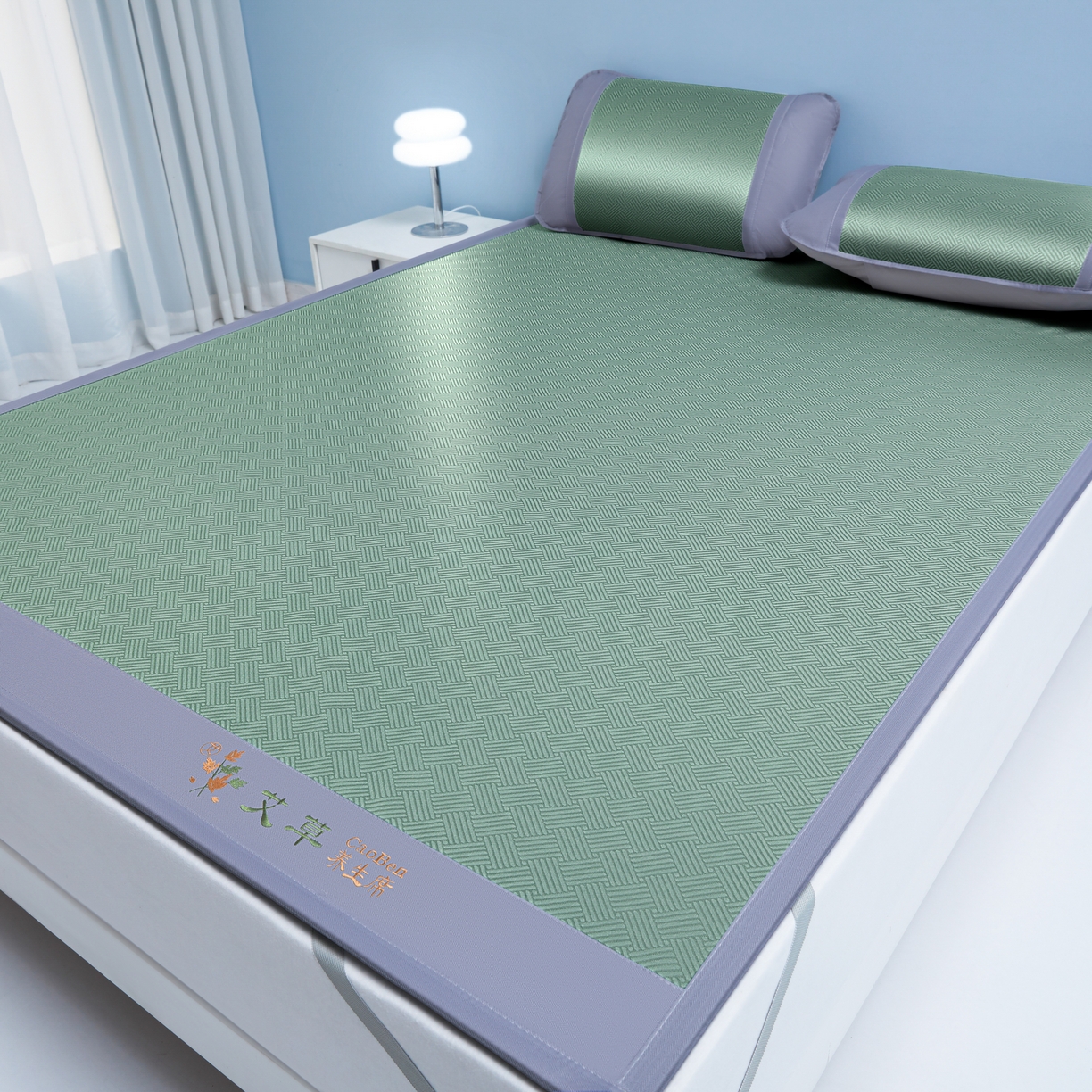 91家纺网 家纺一手货源 找家纺 席都凉席工厂店 2026新款可机洗水洗艾草凉感冰丝高精密碳光软席饼干花三件套饼干花-绿色