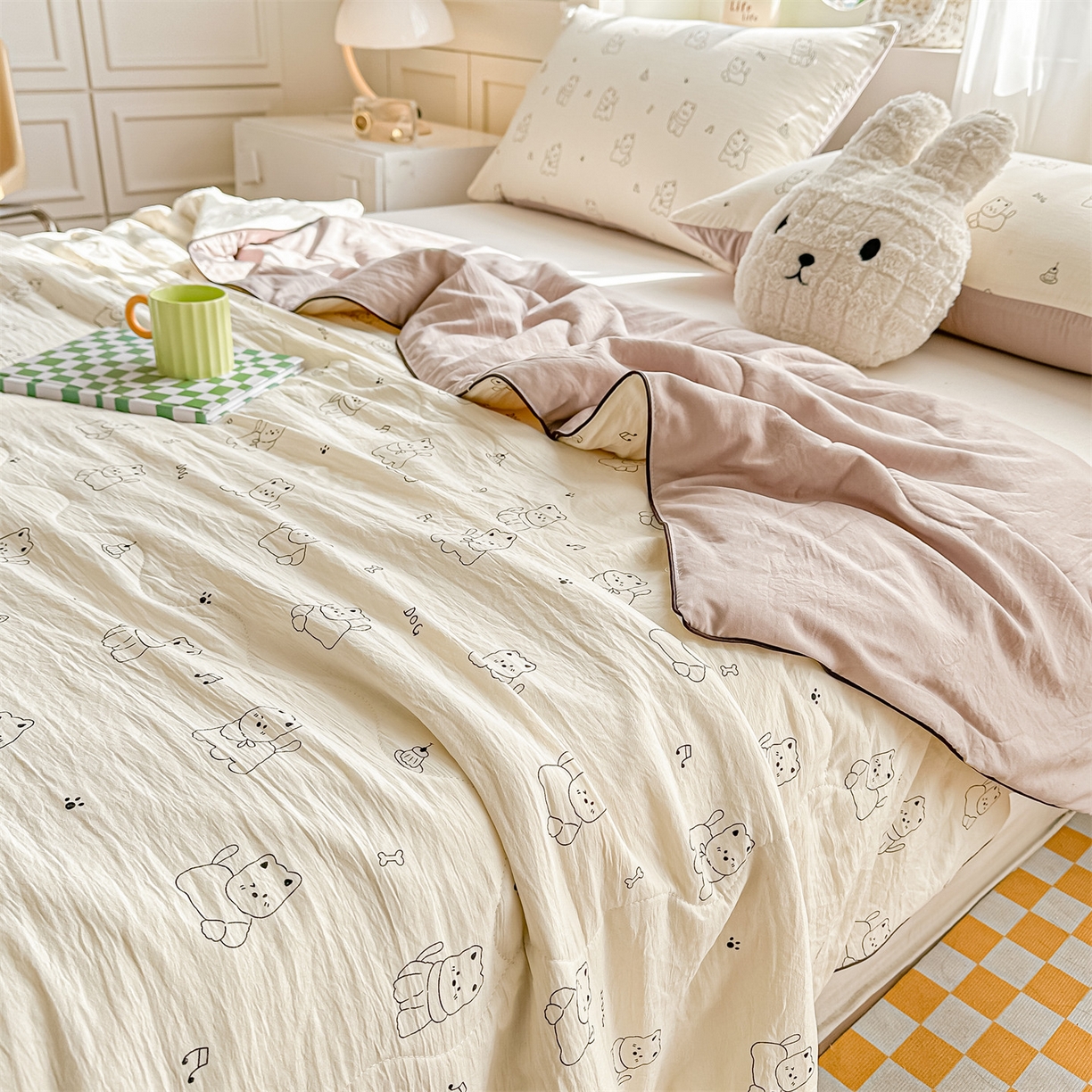 91家纺网 家纺一手货源 找家纺 招财星家纺 2026新款A类水洗棉皱绉纱夏被空调被印花夏凉被子被芯（带质检报告买家秀） 素描小狗