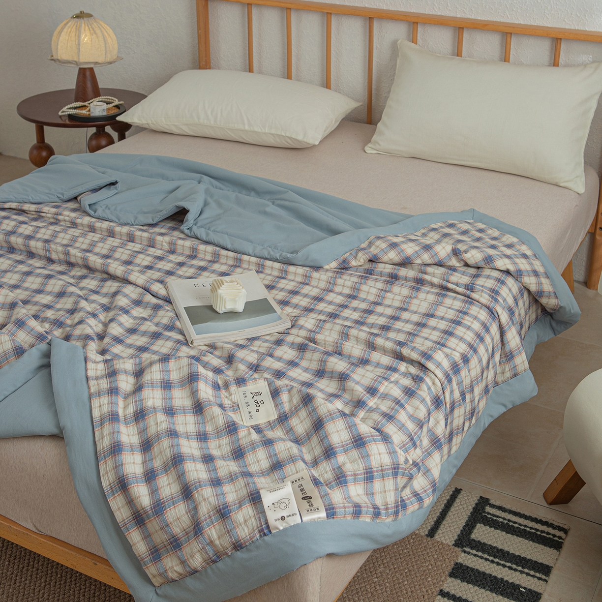 91家纺网 家纺一手货源 找家纺 宜梦家居 2026新款水洗双层纱夏被 青春湖蓝