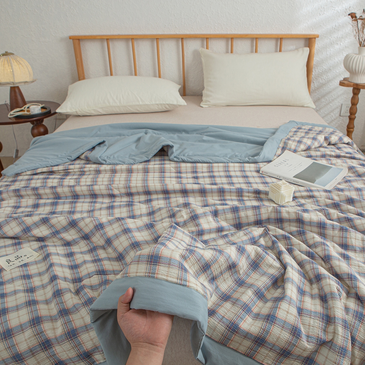 91家纺网 家纺一手货源 找家纺 宜梦家居 2026新款水洗双层纱夏被 青春湖蓝