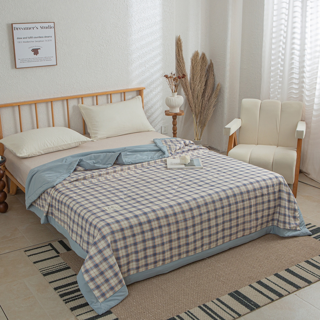 91家纺网 家纺一手货源 找家纺 宜梦家居 2026新款水洗双层纱夏被 青春湖蓝