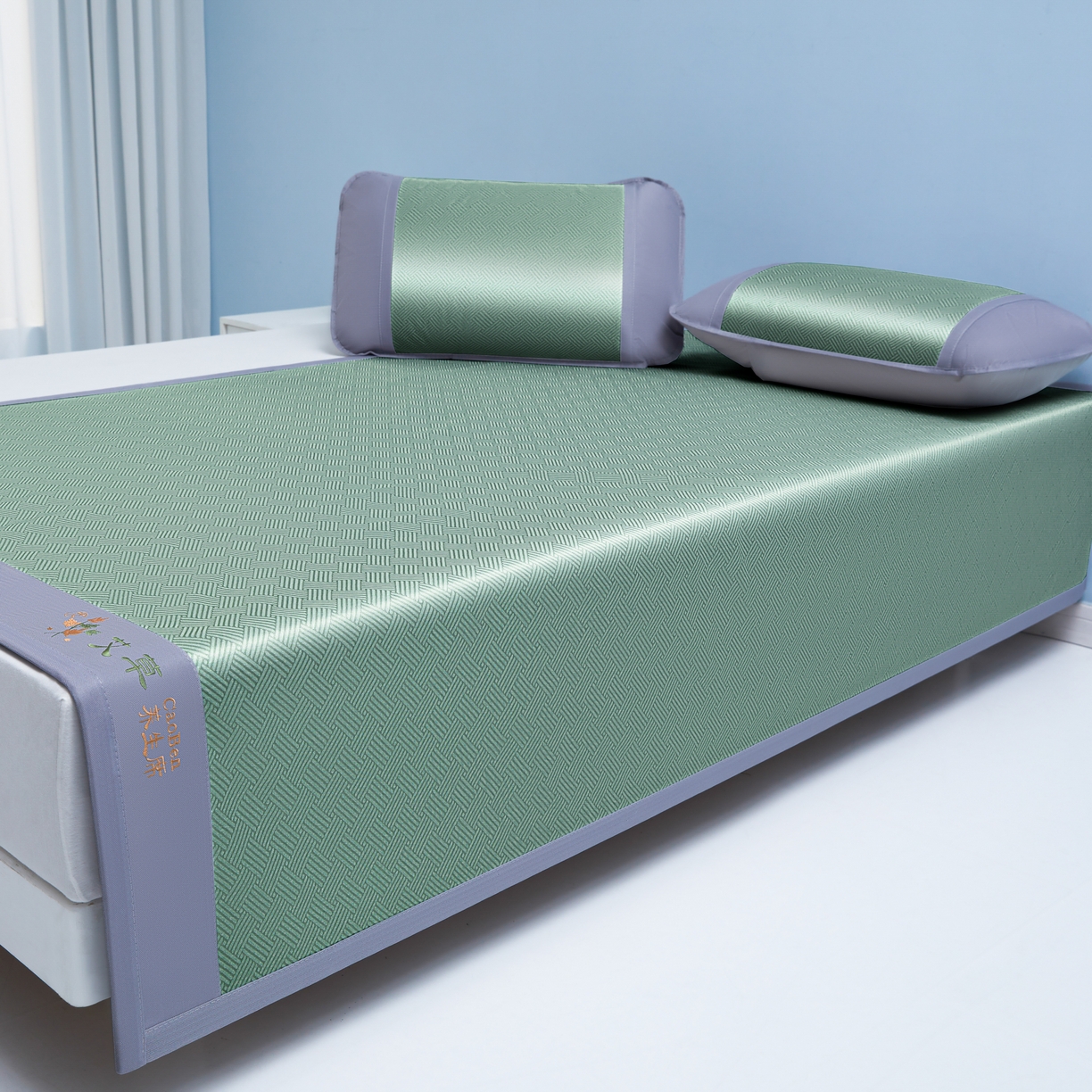 91家纺网 家纺一手货源 找家纺 席都凉席工厂店 2026新款可机洗水洗艾草凉感冰丝高精密碳光软席饼干花三件套饼干花-绿色