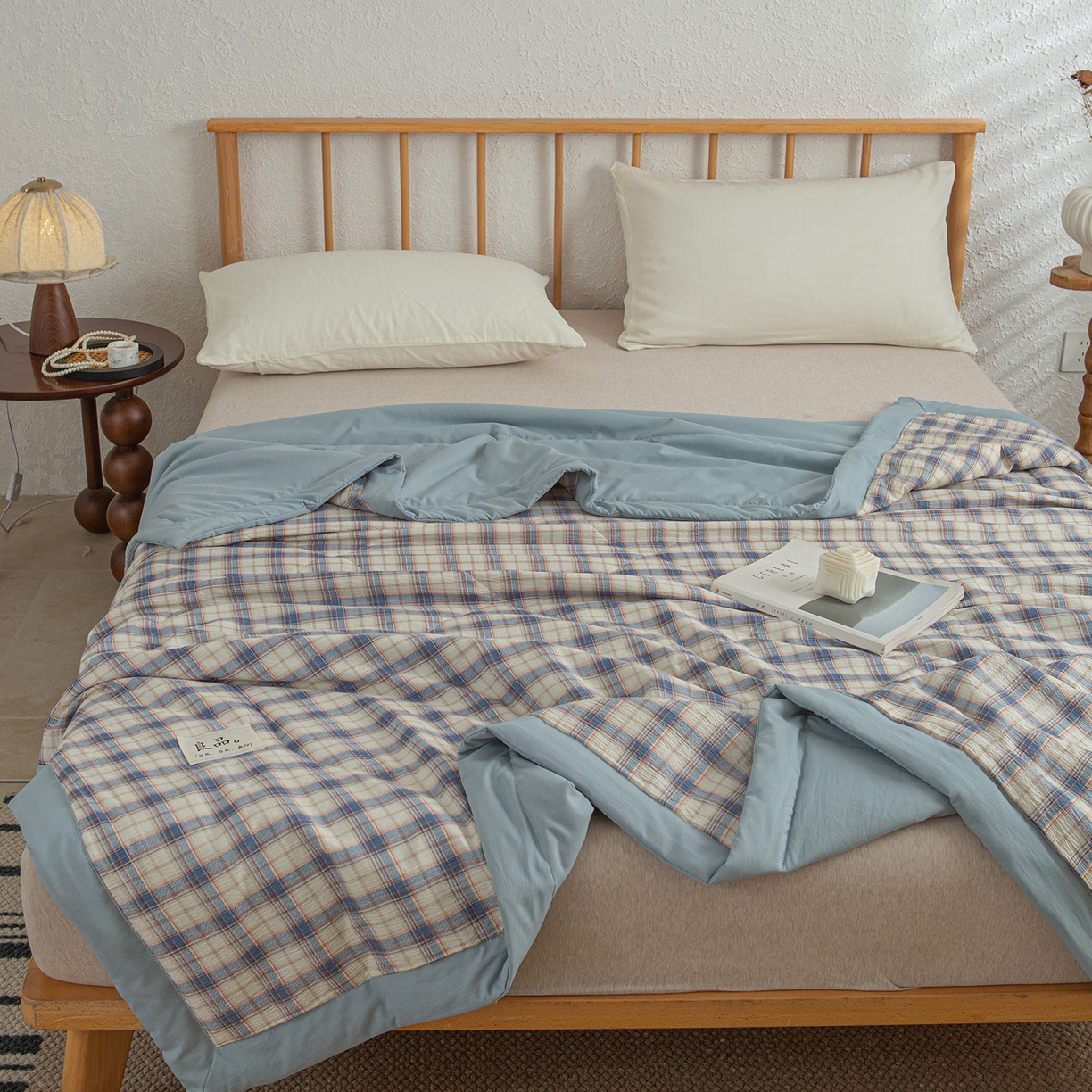 91家纺网 家纺一手货源 找家纺 宜梦家居 2026新款水洗双层纱夏被 青春湖蓝