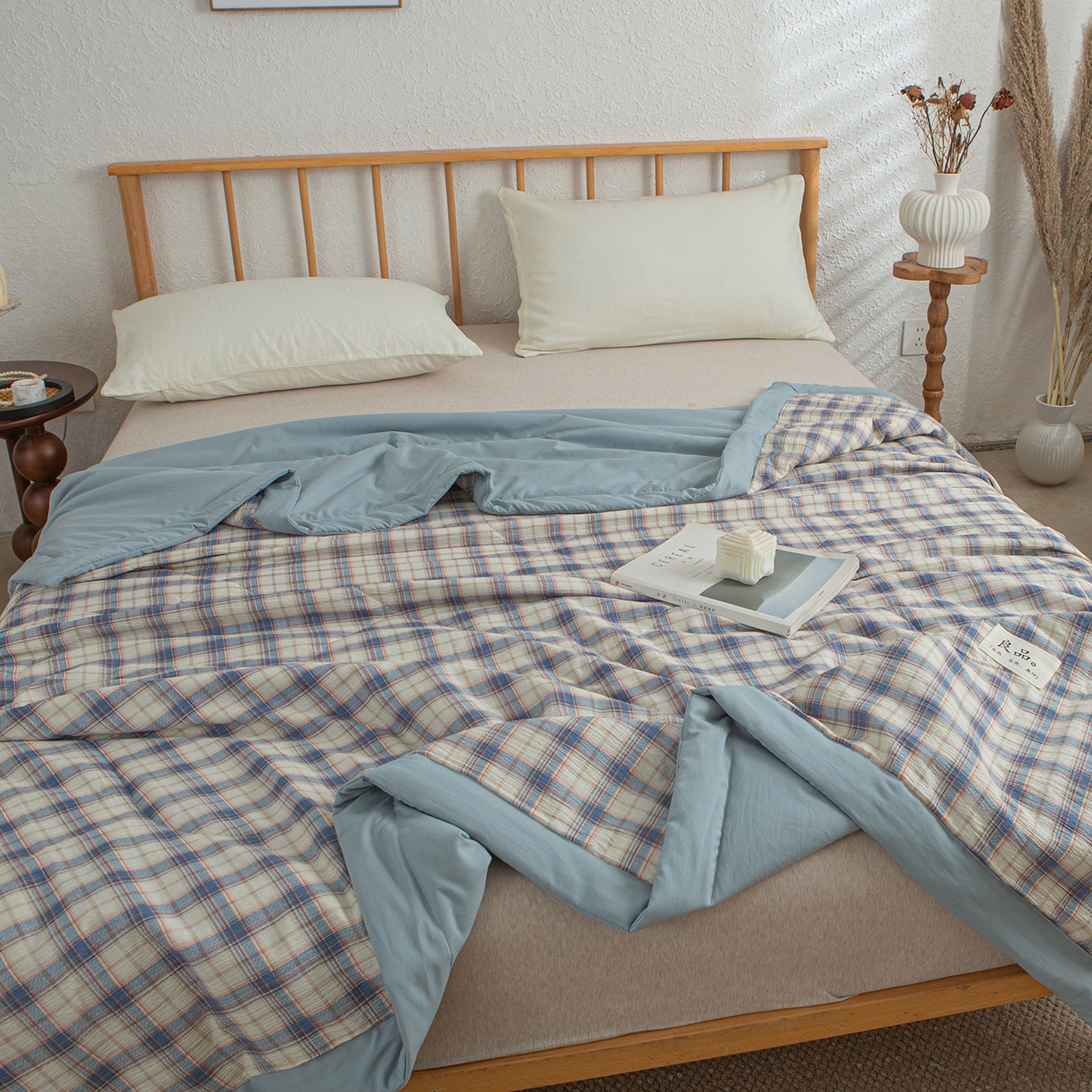 91家纺网 家纺一手货源 找家纺 宜梦家居 2026新款水洗双层纱夏被 青春湖蓝