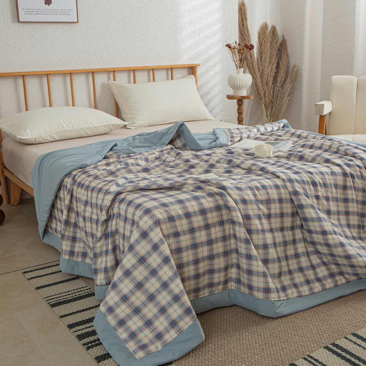 91家纺网 家纺一手货源 找家纺 宜梦家居 2026新款水洗双层纱夏被 青春湖蓝