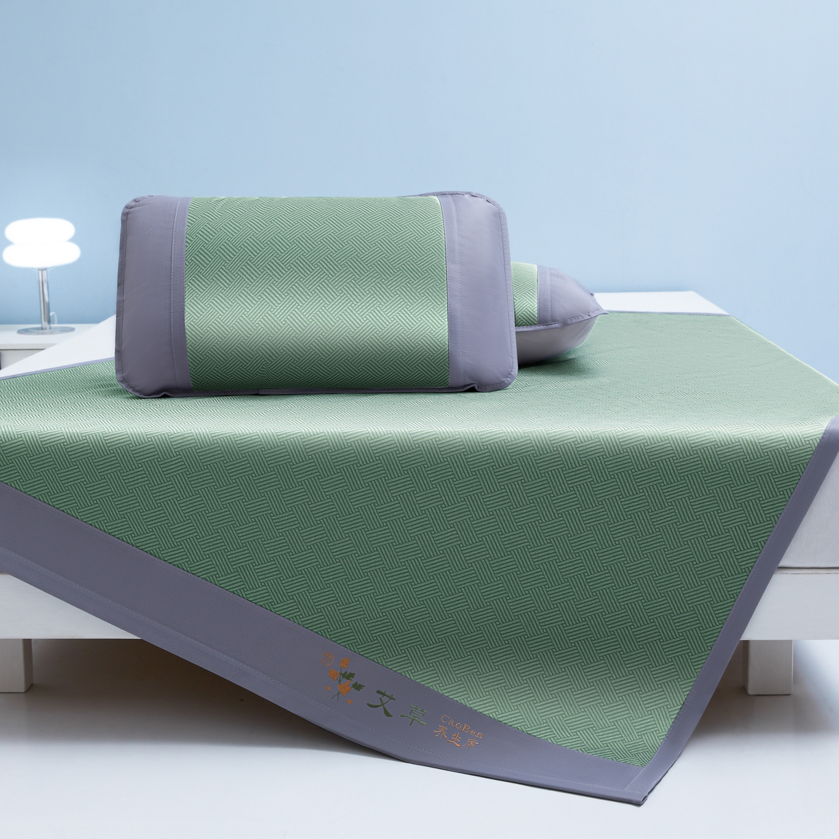 91家纺网 家纺一手货源 找家纺 席都凉席工厂店 2026新款可机洗水洗艾草凉感冰丝高精密碳光软席饼干花三件套饼干花-绿色