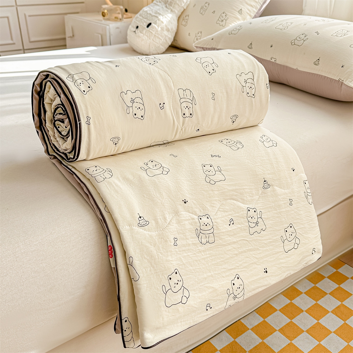 91家纺网 家纺一手货源 找家纺 招财星家纺 2026新款A类水洗棉皱绉纱夏被空调被印花夏凉被子被芯（带质检报告买家秀） 素描小狗