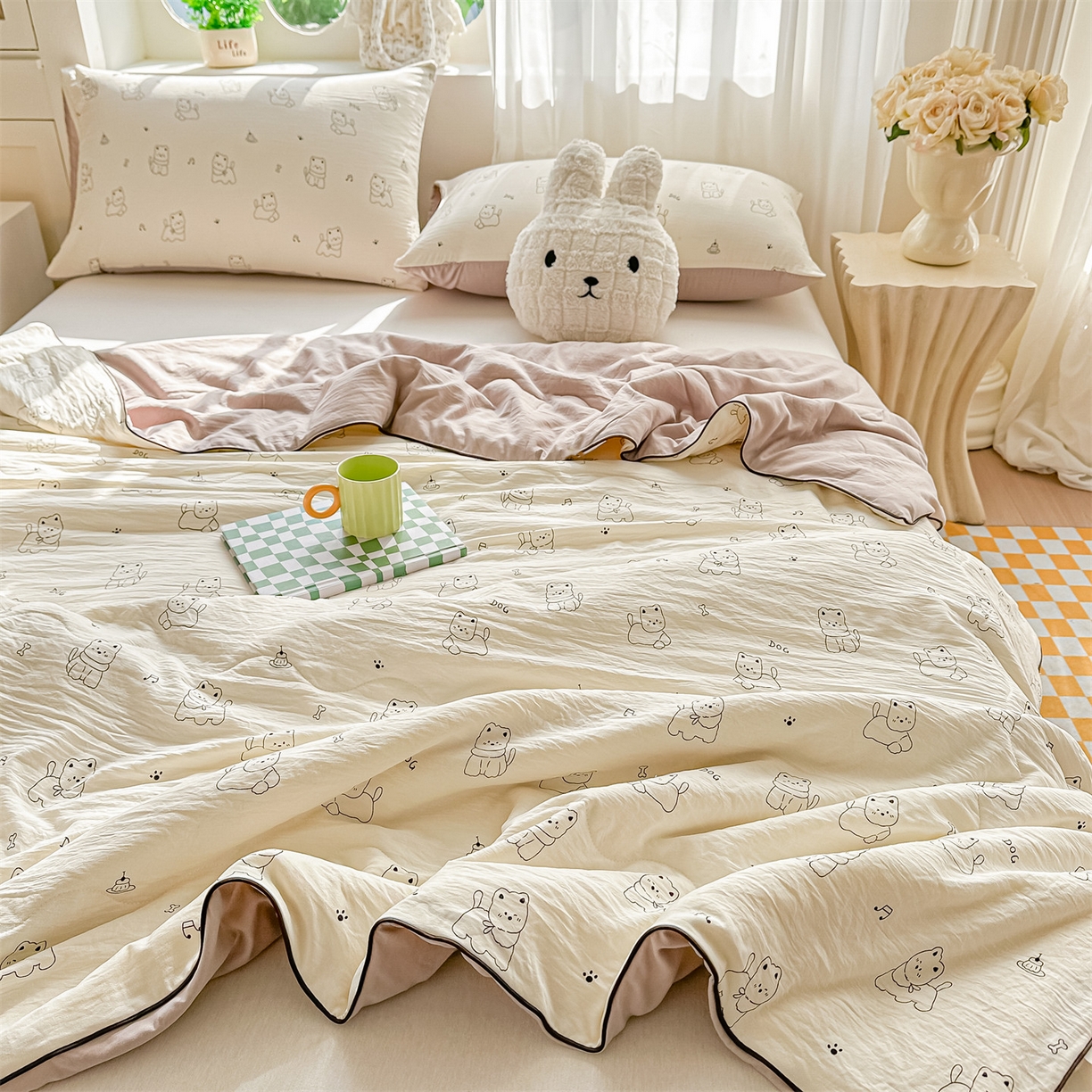 91家纺网 家纺一手货源 找家纺 招财星家纺 2026新款A类水洗棉皱绉纱夏被空调被印花夏凉被子被芯（带质检报告买家秀） 素描小狗