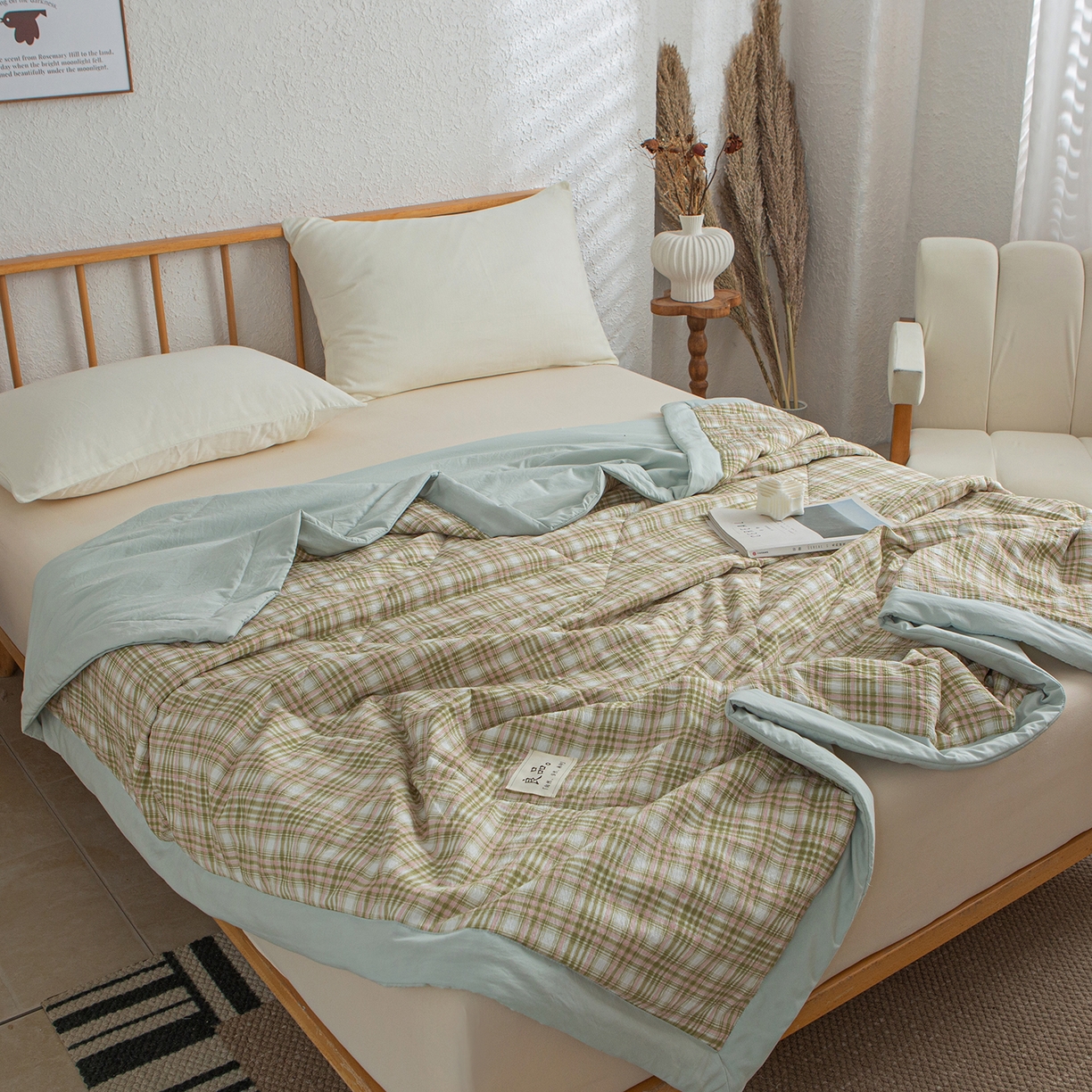 91家纺网 家纺一手货源 找家纺 宜梦家居 2026新款水洗双层纱夏被 雅绿