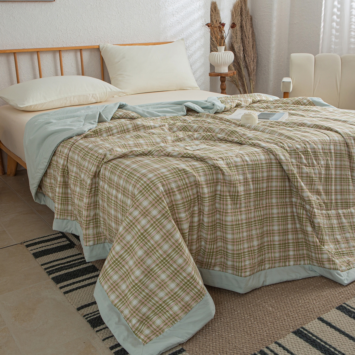 91家纺网 家纺一手货源 找家纺 宜梦家居 2026新款水洗双层纱夏被 雅绿