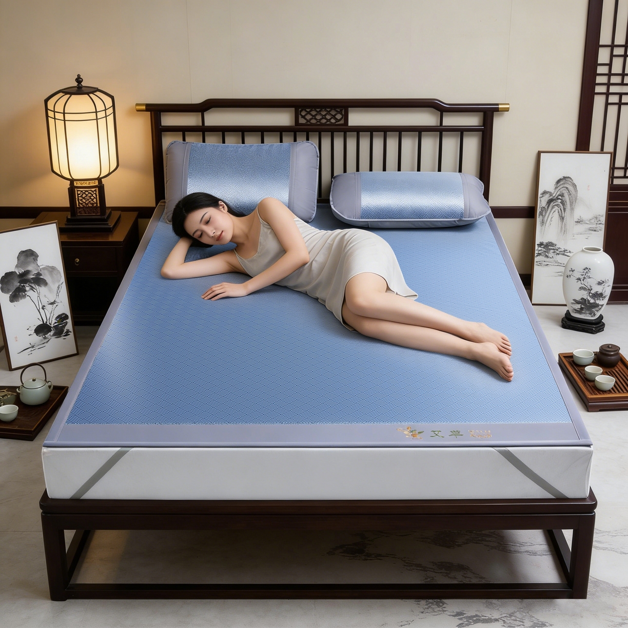 91家纺网 家纺一手货源 找家纺 席都凉席工厂店 2026新款可机洗水洗艾草凉感冰丝高精密碳光软席饼干花三件套推广图