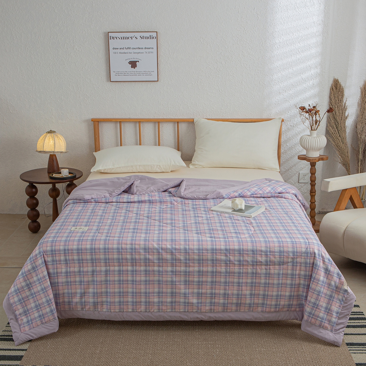 91家纺网 家纺一手货源 找家纺 宜梦家居 2026新款水洗双层纱夏被 云朵紫