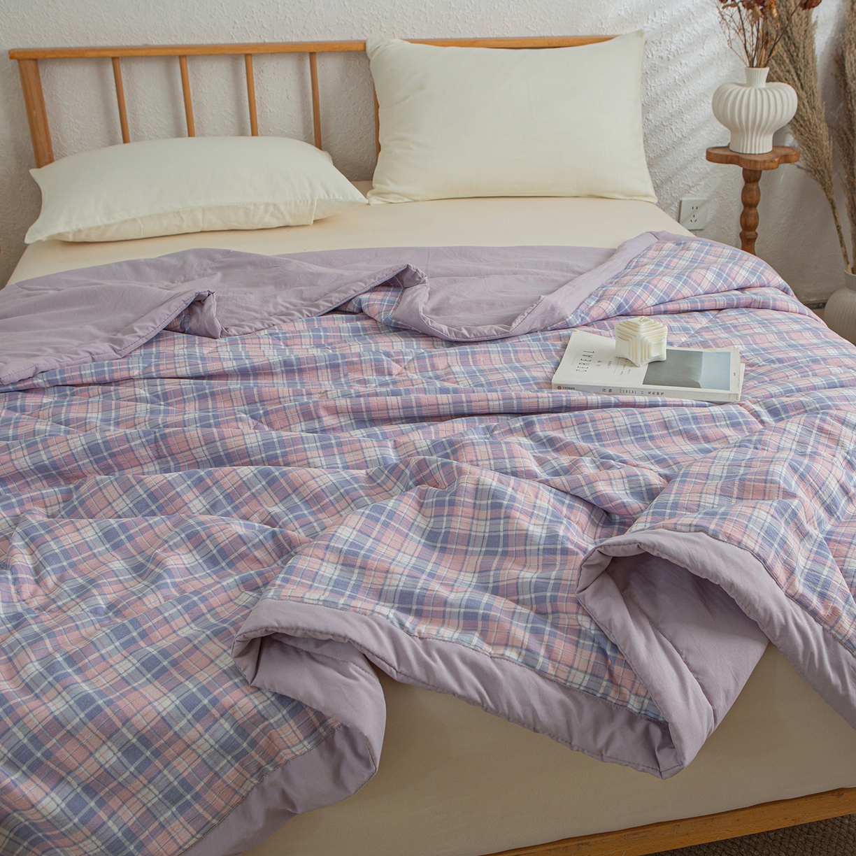 91家纺网 家纺一手货源 找家纺 宜梦家居 2026新款水洗双层纱夏被 云朵紫