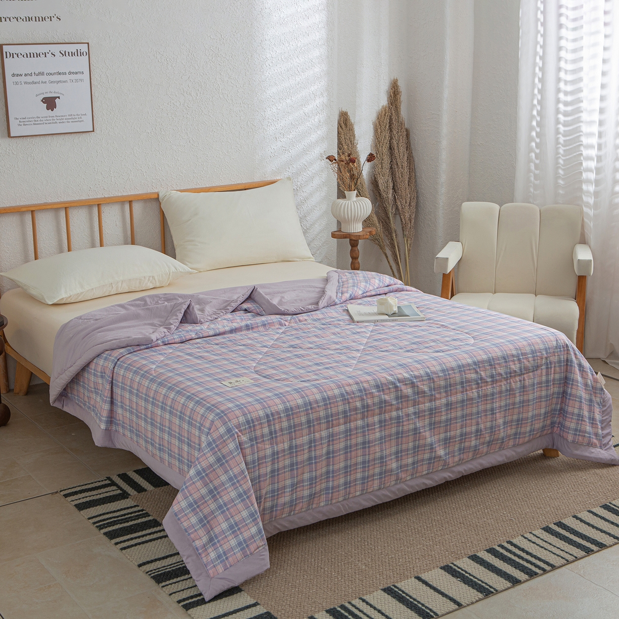 91家纺网 家纺一手货源 找家纺 宜梦家居 2026新款水洗双层纱夏被 云朵紫