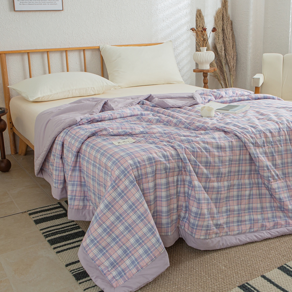 91家纺网 家纺一手货源 找家纺 宜梦家居 2026新款水洗双层纱夏被 云朵紫