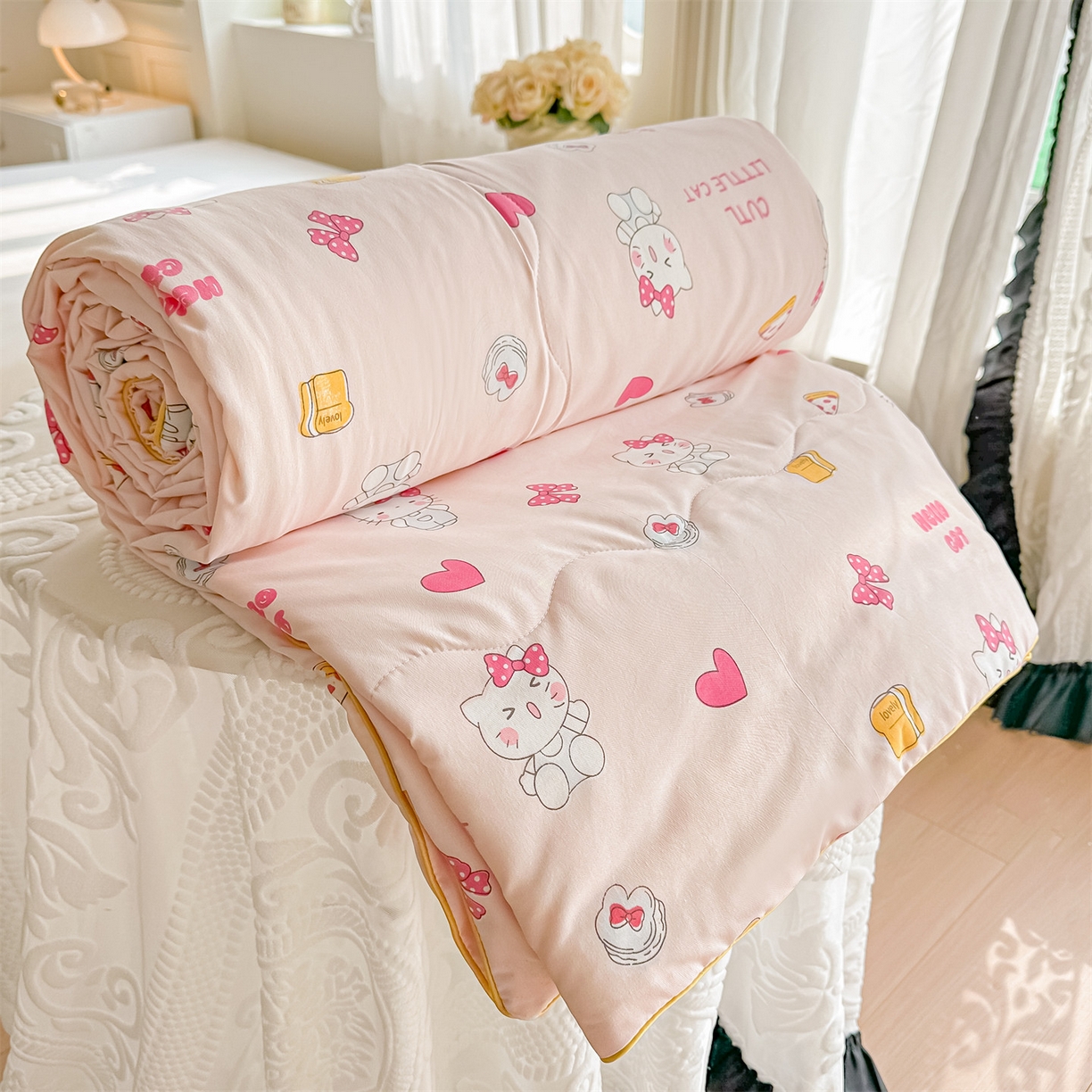 招财星家纺 2026新款A类水洗棉皱绉纱夏被空调被印花夏凉被子被芯（带质检报告买家秀） 桃粉凯蒂猫