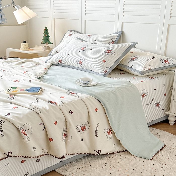 91家纺网 家纺一手货源 找家纺 卡罗兰 2026新款卡通印花凉席双面可用冰丝凉席床盖单件三四件套 小奶狗