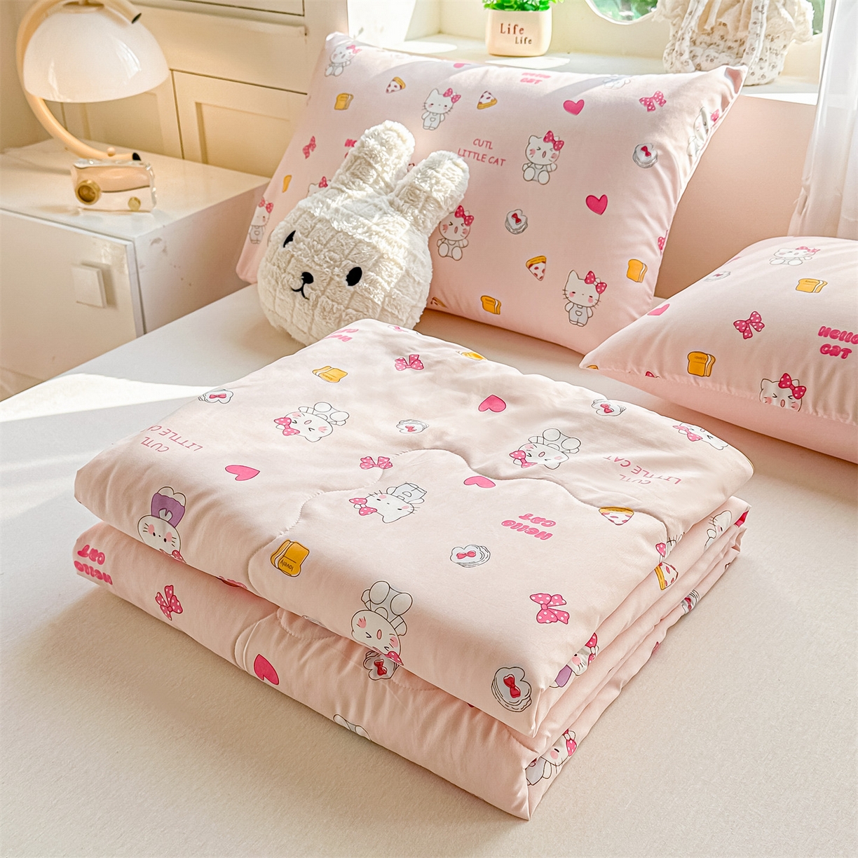 91家纺网 家纺一手货源 找家纺 招财星家纺 2026新款A类水洗棉皱绉纱夏被空调被印花夏凉被子被芯（带质检报告买家秀） 桃粉凯蒂猫