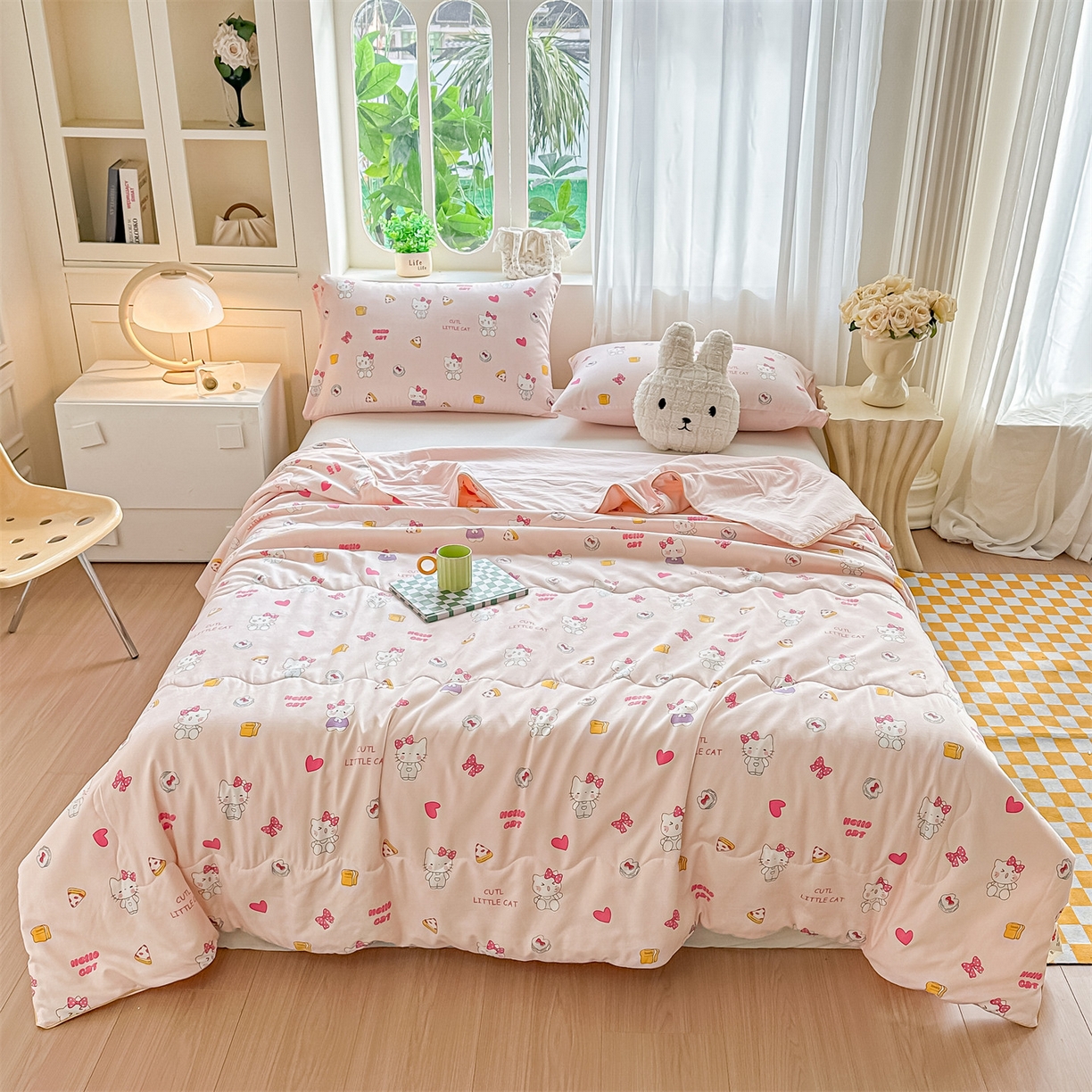 91家纺网 家纺一手货源 找家纺 招财星家纺 2026新款A类水洗棉皱绉纱夏被空调被印花夏凉被子被芯（带质检报告买家秀） 桃粉凯蒂猫