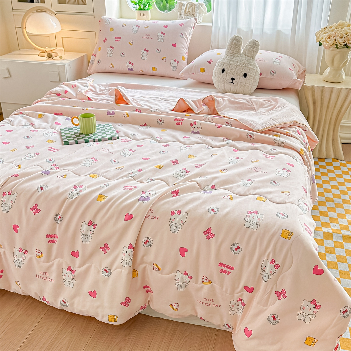 91家纺网 家纺一手货源 找家纺 招财星家纺 2026新款A类水洗棉皱绉纱夏被空调被印花夏凉被子被芯（带质检报告买家秀） 桃粉凯蒂猫