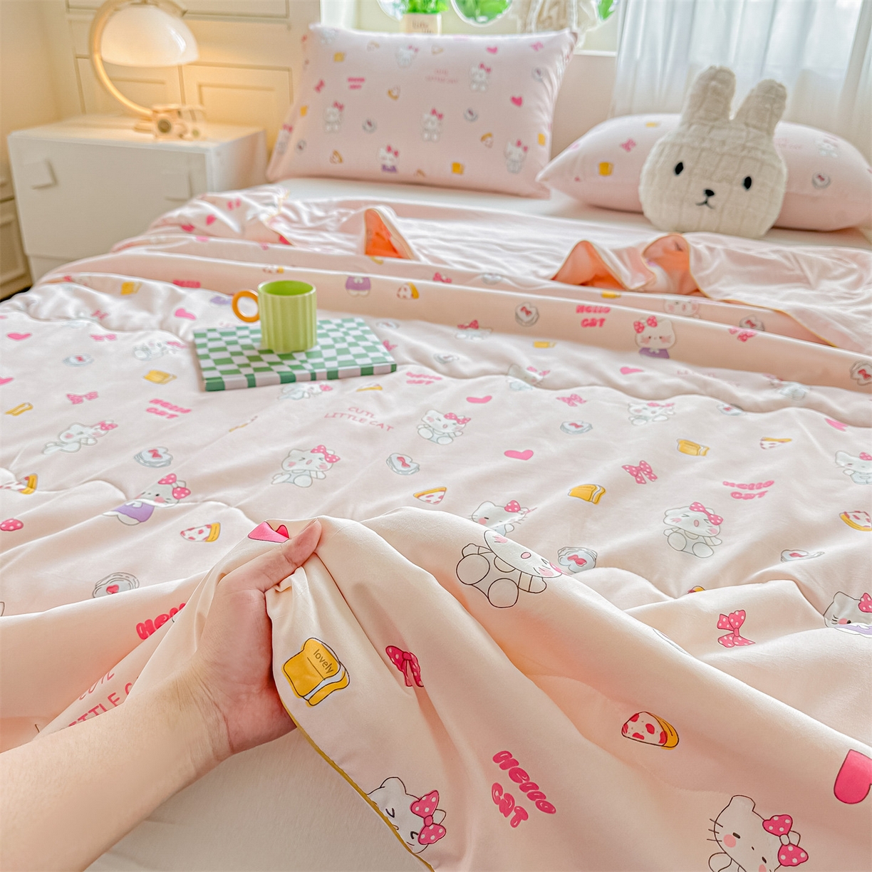 91家纺网 家纺一手货源 找家纺 招财星家纺 2026新款A类水洗棉皱绉纱夏被空调被印花夏凉被子被芯（带质检报告买家秀） 桃粉凯蒂猫