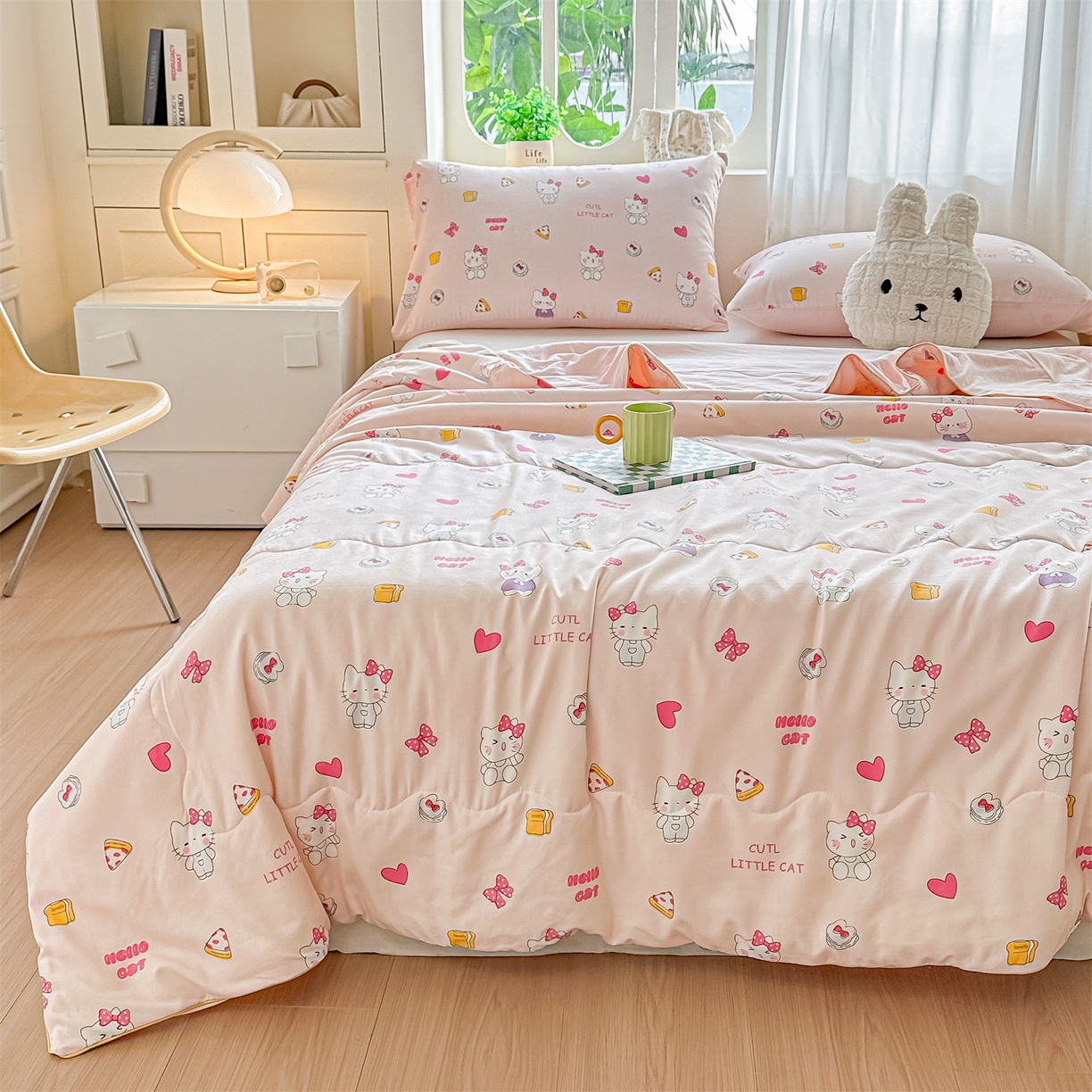 91家纺网 家纺一手货源 找家纺 招财星家纺 2026新款A类水洗棉皱绉纱夏被空调被印花夏凉被子被芯（带质检报告买家秀） 桃粉凯蒂猫