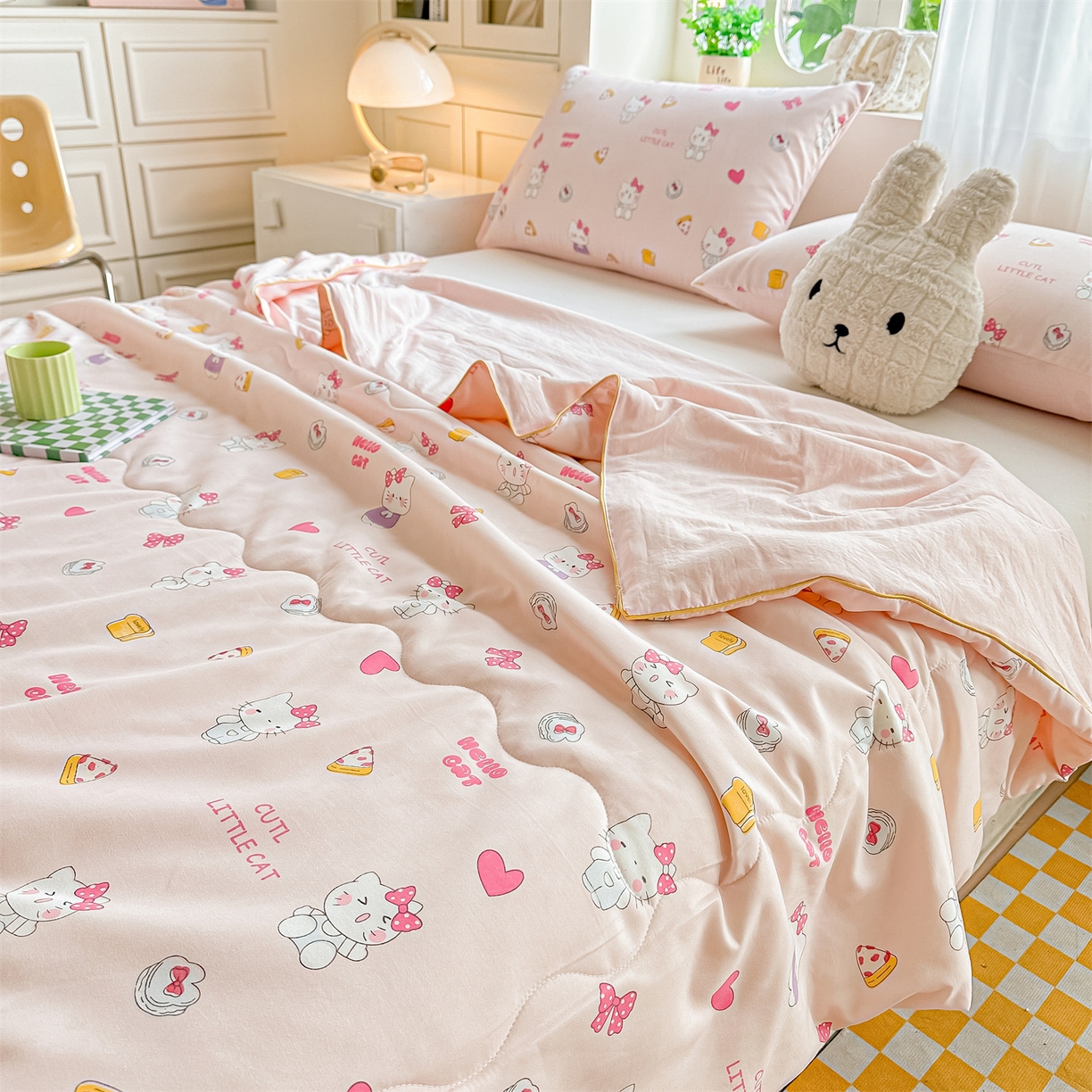 91家纺网 家纺一手货源 找家纺 招财星家纺 2026新款A类水洗棉皱绉纱夏被空调被印花夏凉被子被芯（带质检报告买家秀） 桃粉凯蒂猫