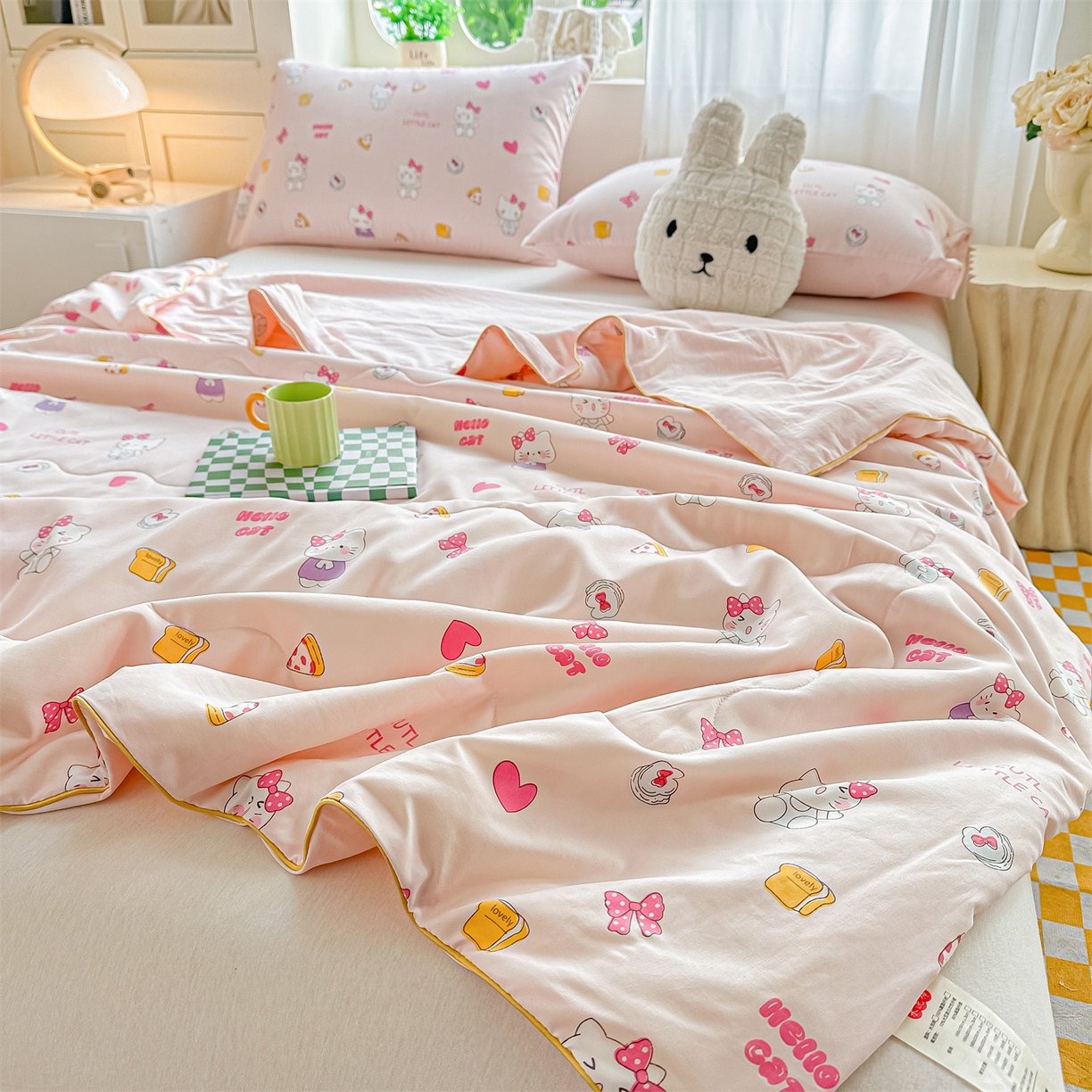 91家纺网 家纺一手货源 找家纺 招财星家纺 2026新款A类水洗棉皱绉纱夏被空调被印花夏凉被子被芯（带质检报告买家秀） 桃粉凯蒂猫