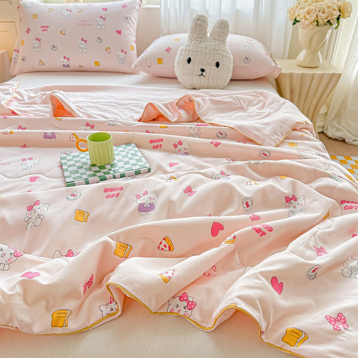 91家纺网 家纺一手货源 找家纺 招财星家纺 2026新款A类水洗棉皱绉纱夏被空调被印花夏凉被子被芯（带质检报告买家秀） 桃粉凯蒂猫