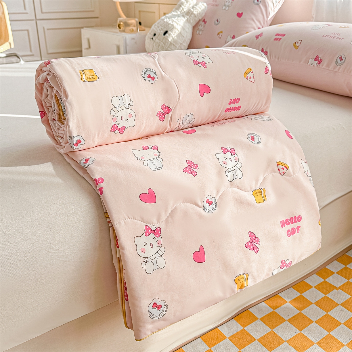 91家纺网 家纺一手货源 找家纺 招财星家纺 2026新款A类水洗棉皱绉纱夏被空调被印花夏凉被子被芯（带质检报告买家秀） 桃粉凯蒂猫