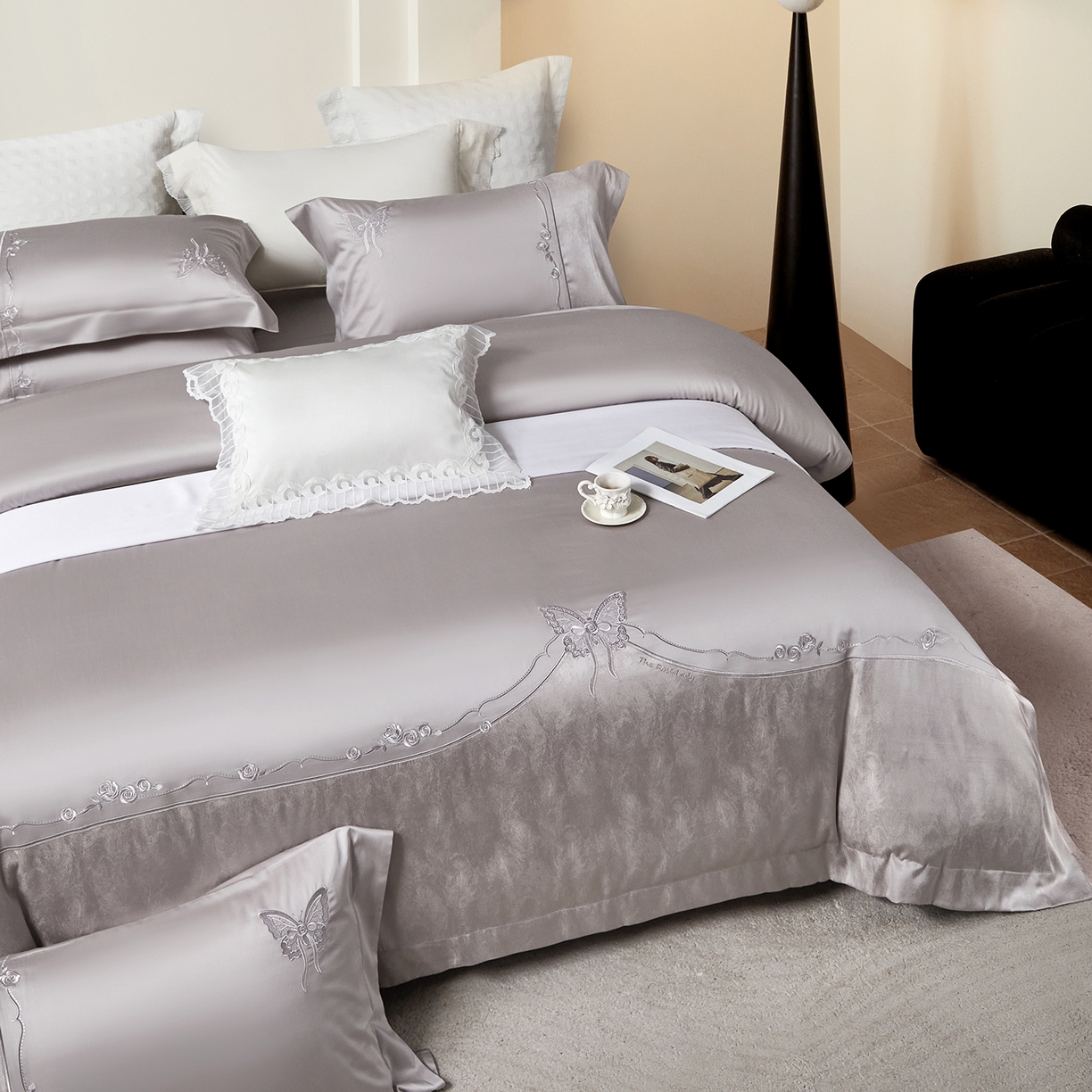 91家纺网 家纺一手货源 找家纺 蒂爵 2026新款天丝棉提花四件套 高级灰