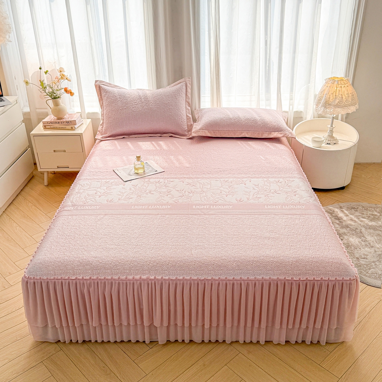 席都凉席工厂店 2026年轻奢高克重豆豆凉席夏季凉感冰丝提花床裙款三件套-奢序 奢序-烟粉