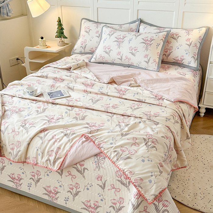 91家纺网 家纺一手货源 找家纺 卡罗兰 2026新款印花凉席双面可用冰丝凉席床盖单件三件四件套 郁金香