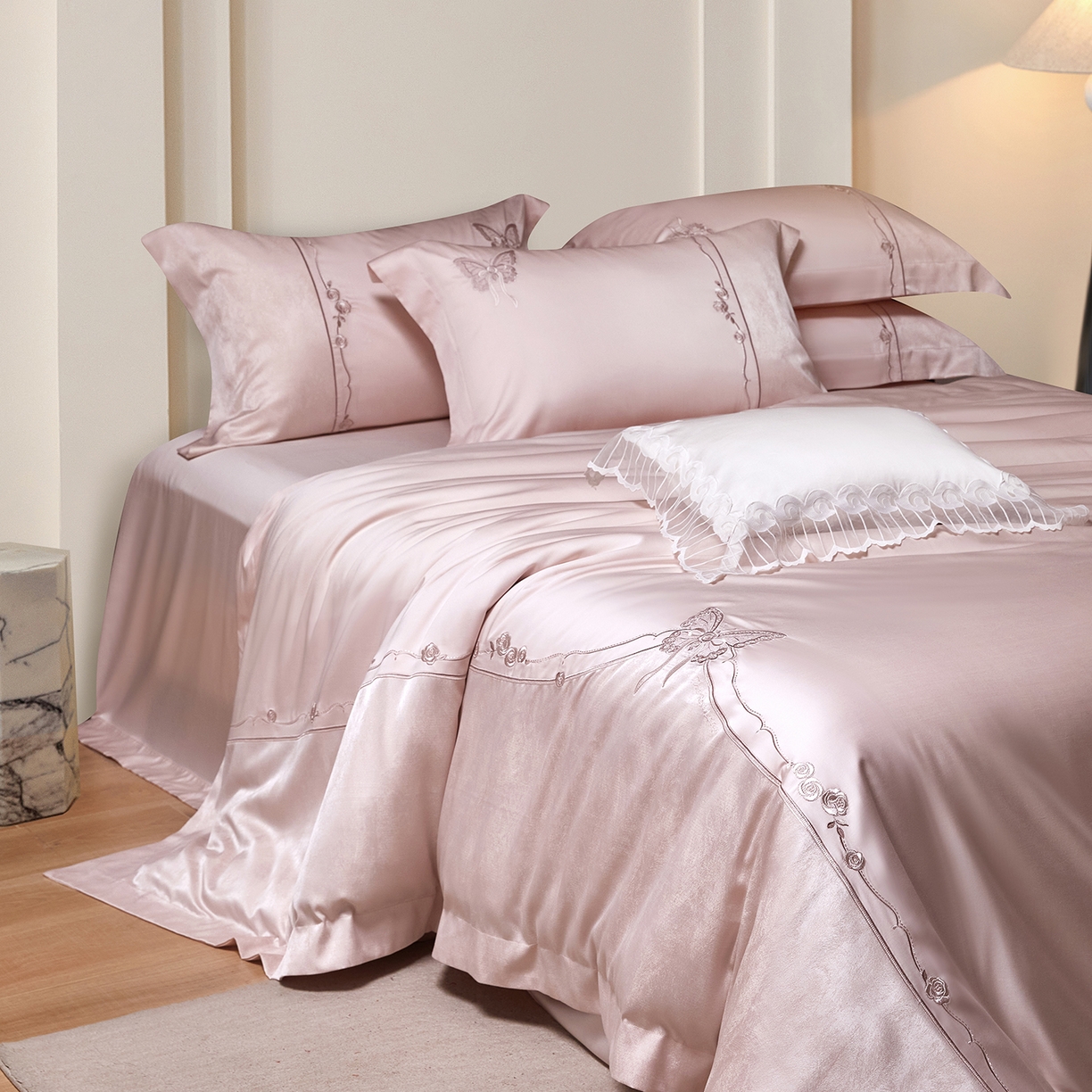 91家纺网 家纺一手货源 找家纺 蒂爵 2026新款天丝棉提花四件套 高雅粉