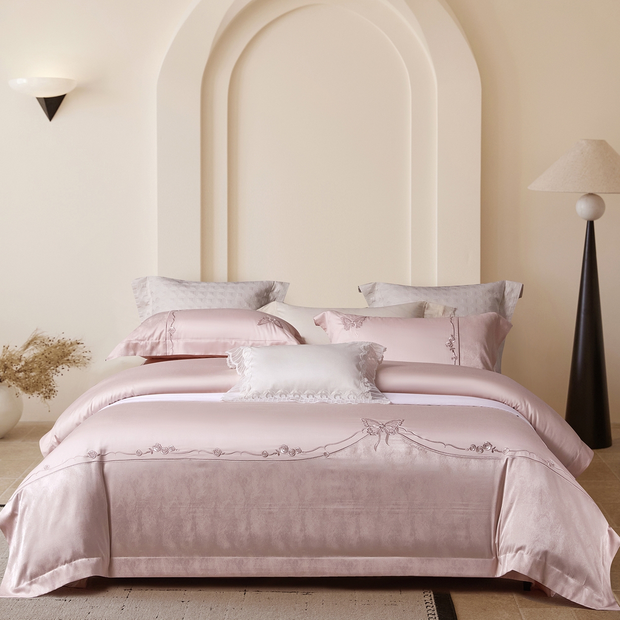 91家纺网 家纺一手货源 找家纺 蒂爵 2026新款天丝棉提花四件套 高雅粉