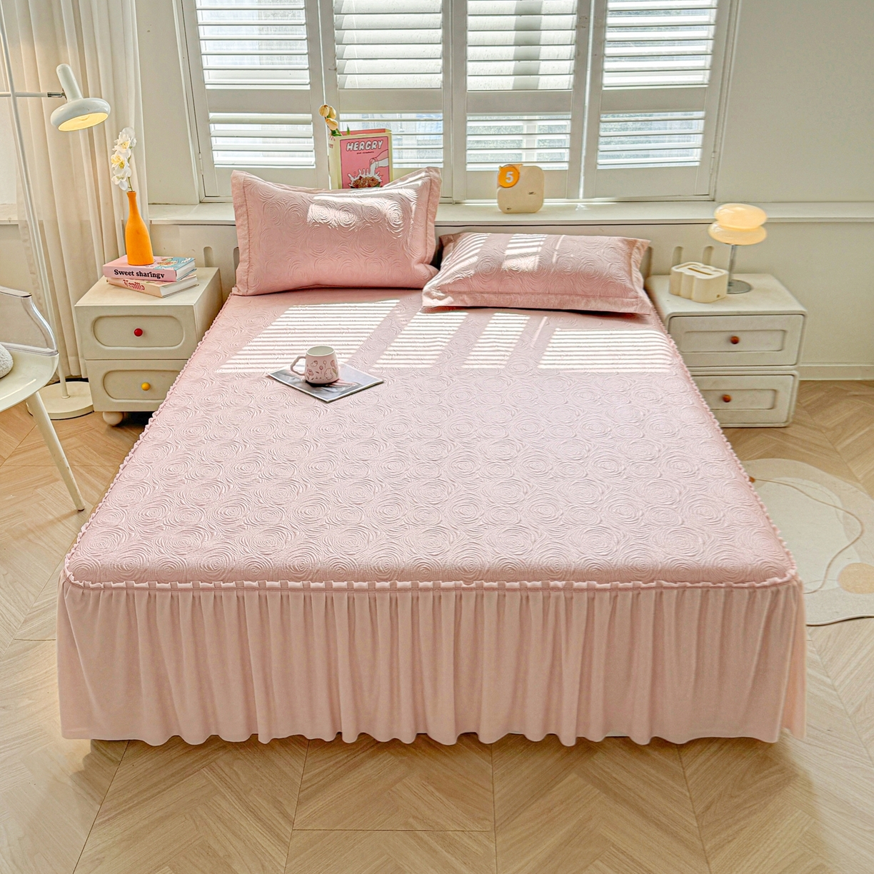 91家纺网 家纺一手货源 找家纺 席都凉席工厂店 2026年款玫瑰提花凉感豆豆席云感亲肤可水洗夏凉软席床裙款-云柔玫瑰 云柔玫瑰-樱花粉床裙款